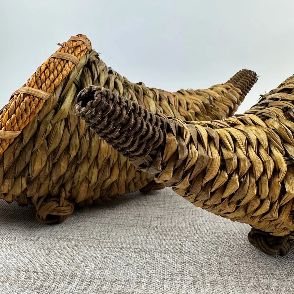 Vintage Woven Cornucopia Basket Pair Horn of Plenty Fall Thanksgiving Decor